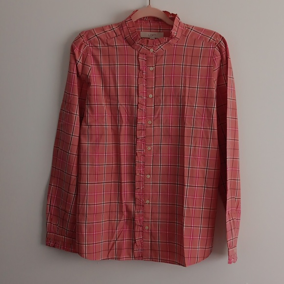 Loft Plaid Ruffle Mock Neck Button Front Shirt #1651 - Picture 8 of 8